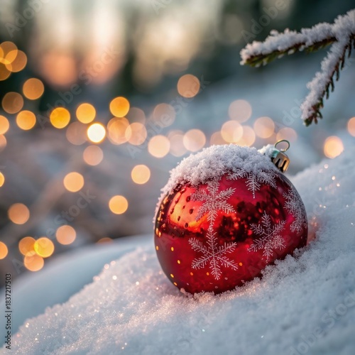 Red Christmas ornament with snowflakes, festive mood, on snow with bokeh lights