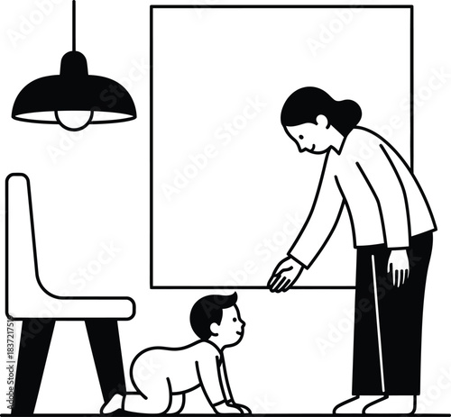 Mother teaching baby to crawl on the floor with a minimalist design. parent and child bonding illustration. early childhood development.