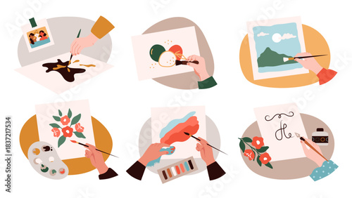 Hands making notes. Human arm holding paintbrush. Stationery top view. Painter drawing picture. Brush and paints. Artistic hobby. Creative painting and calligraphy. Vector concepts set