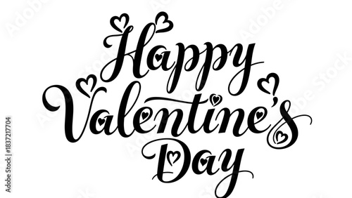 Elegant black script lettering wishing 'Happy Valentine's Day' with decorative hearts on a white background, perfect for greeting cards and romantic designs.