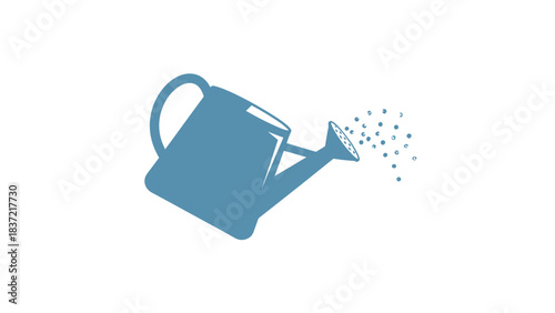 A blue watering can is shown from the side, pouring water droplets onto a white background.