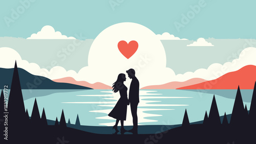Silhouette of a romantic couple standing by a serene lake at sunset with a heart in the sky, surrounded by stylized landscape.