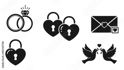 A collection of five black and white icons representing love and commitment, including wedding rings, heart-shaped locks, an envelope with a heart, and two doves.