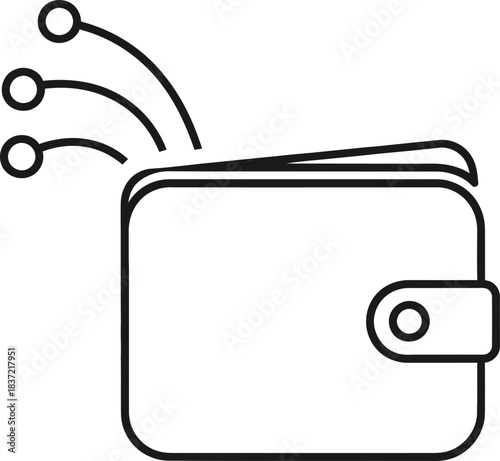 Outline icon of a wallet showing outgoing payments or data transfer, symbolizing financial transactions and digital money flow. isolated graphic element.
