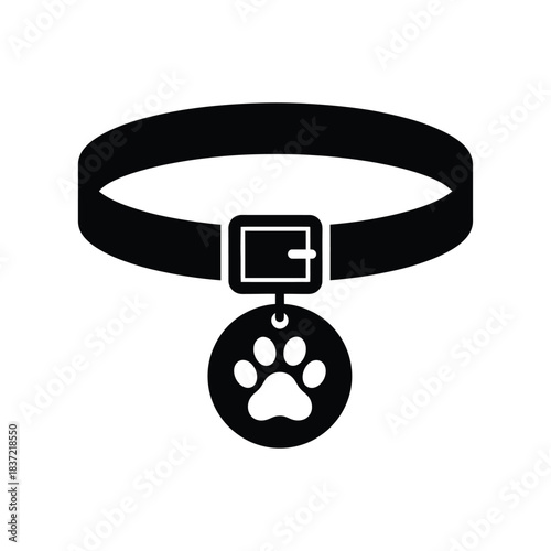 Pet Dog or Cat Collar Icon with Paw Print Tag and Buckle Vector Silhouette