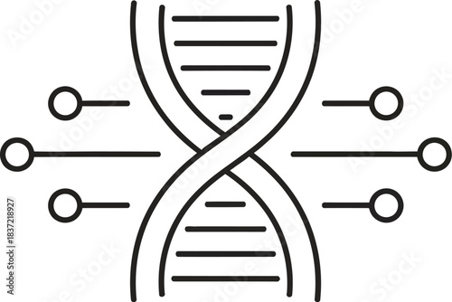 Genetic data analysis icon representing bioinformatics and scientific research. dna helix connected to digital network points.