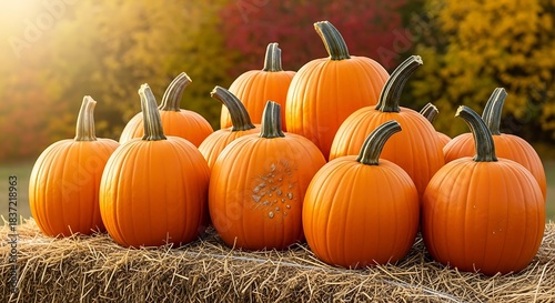 Abundance of Pumpkins on Hay Bale in Autumn Setting.