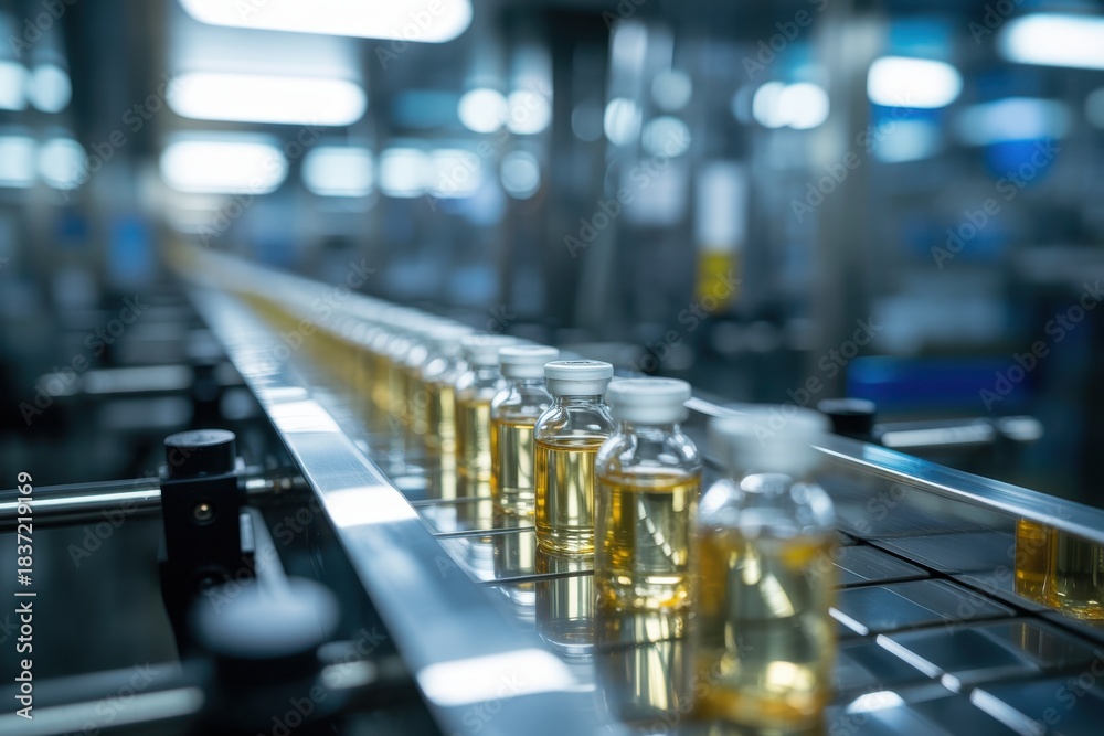 custom made wallpaper toronto digitalPharmaceutical bottling conveyor line filling vaccine vials with yellow liquid manufacturing