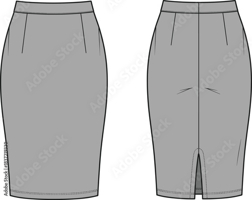 Pencil skirt technical fashion sketch, fitted silhouette, dart shaping, center back vent, front and back view, garment construction, apparel template
