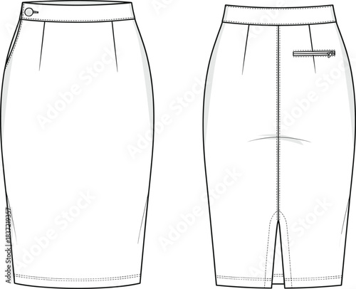 Pencil skirt technical fashion sketch, clean waistband design, welt pocket, center back vent, front and back view, garment construction, apparel template
