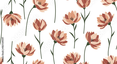 Elegant seamless floral pattern featuring dusty rose colored flowers with dark green stems on a clean, crisp white background.