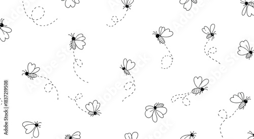 Minimalist seamless pattern of simple hand-drawn flying bees with heart-shaped wings and dotted trails on a white background.