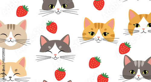 Adorable seamless pattern of various cute cat faces and fresh red strawberries scattered on a clean, simple white background.