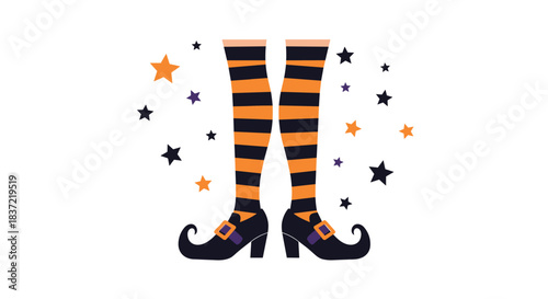 Festive Halloween illustration of a witch's legs in striped orange and black stockings and pointy shoes, surrounded by stars.