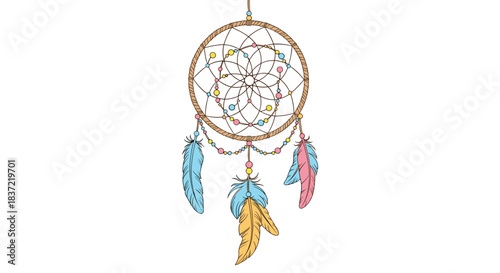 Hand-drawn illustration of a Native American dreamcatcher with intricate webbing, beads, and colorful feathers hanging below.