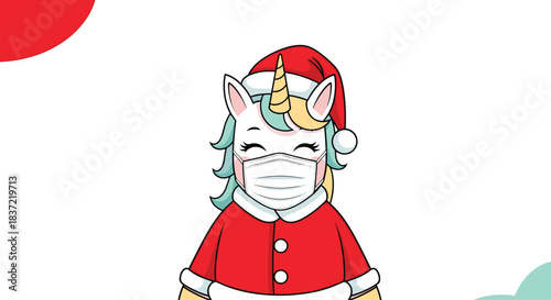 Festive unicorn character wearing a Santa Claus outfit and a medical face mask, illustrating a Christmas celebration during a pandemic.