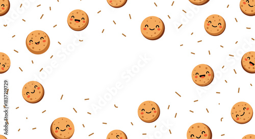 Adorable background frame made of smiling kawaii cookie characters and brown sprinkles, with a blank central space for text.