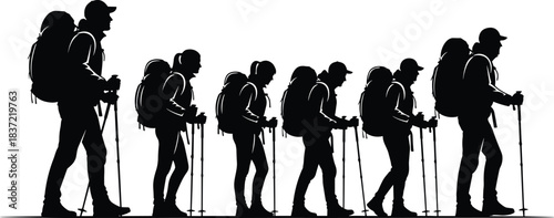 Silhouette group of diverse hikers trekking in line with backpacks and walking poles, enjoying scenic mountain landscape adventure, fitness, and active travel during a summer outdoor expedition.