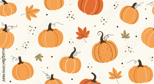 Cozy autumn seamless pattern with hand-drawn orange pumpkins, fall leaves, and dots on a light, warm-toned background.