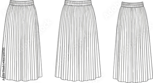 Pleated skirt technical fashion sketch, elastic waistband design, vertical pleats, style variations, front view comparison, garment construction, apparel template