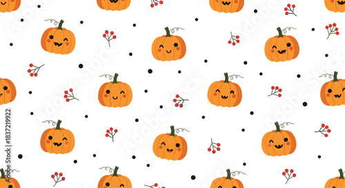 Cute and cheerful seamless pattern of winking kawaii pumpkin characters, red berries, and black dots on a white background.