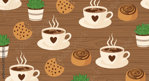 Cozy seamless pattern of coffee cups, cinnamon rolls, chocolate chip cookies, and potted plants on a dark wood grain background.