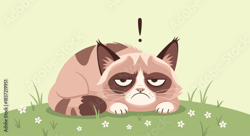 Humorous illustration of the famous grumpy cat lying in a field of grass and daisies with an exclamation mark above its head.