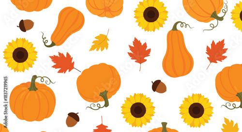 Bright and cheerful autumn seamless pattern with pumpkins, butternut squashes, sunflowers, acorns, and fall leaves on white.