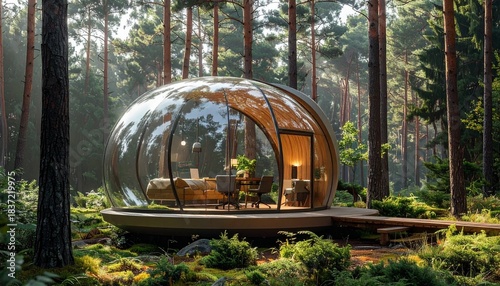 Modern Glass Dome Cabin Nestled in a Serene Pine Forest.