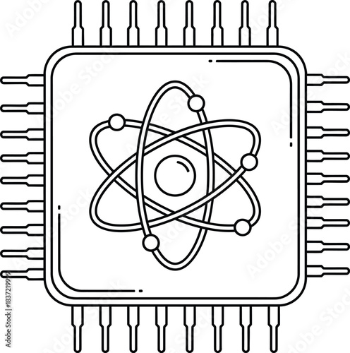 Microchip with atom icon illustrating quantum computing concepts, advanced science, processing power, and innovative technology