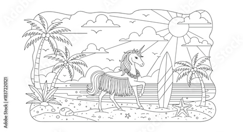 Intricate tropical beach scene coloring page featuring a unicorn in a hula skirt with palm trees, the sun, and the ocean.