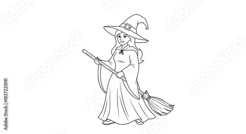Friendly-looking witch character coloring page, featuring a smiling young woman in a long robe and pointy hat, holding a broomstick.