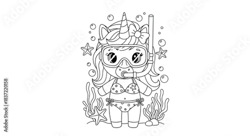 Adorable unicorn coloring page featuring a cute character in a snorkel mask and bikini, ready for a magical underwater summer adventure.