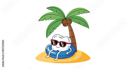Cheerful cartoon tooth character relaxing on a tropical island, wearing sunglasses and floating in an inner tube under a palm tree.