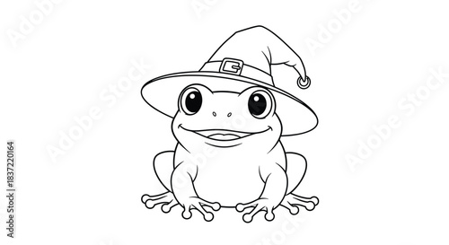 Whimsical coloring page illustration of a charming little frog wearing a pointy witch hat for a magical Halloween celebration or fantasy theme.