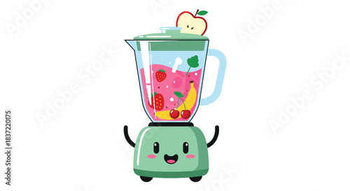 Adorable kawaii blender character with a happy smiling face making a healthy fruit smoothie from fresh strawberries and bananas.