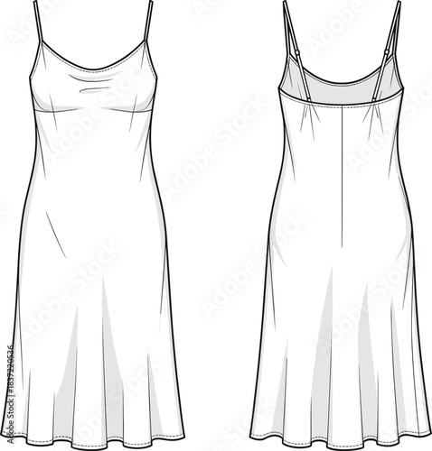 Sleeveless dress technical fashion sketch, spaghetti strap design, scoop back, flared skirt, front and back view, garment construction, apparel template