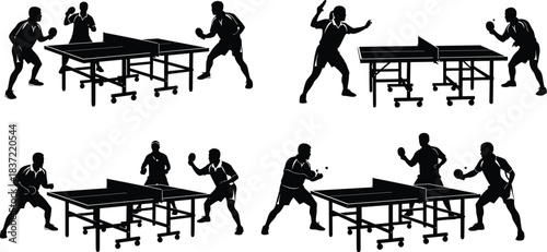 🏓 Dynamic Table Tennis Action Silhouettes for Sports and Fitness Design, Ping Pong Game Competition Match Vector Graphic Illustrations