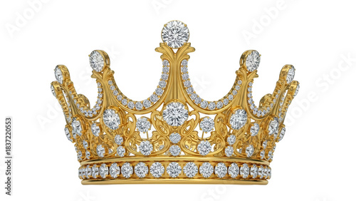 Golden crown with diamonds isolated PNG, royal jewelry for queen or princess on transparent background