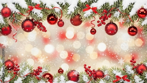Holiday Background with Snowy Evergreen Branches and Red Decorations