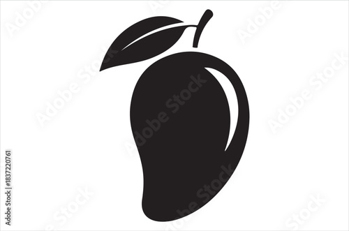 Simple black and white illustration of a single mango fruit with a leaf