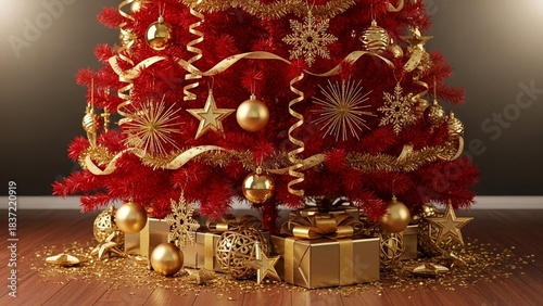 Holiday Closeup Background with red christmas tree and gold Decorations