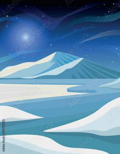 Winter night landscape with snowy mountains and frozen river