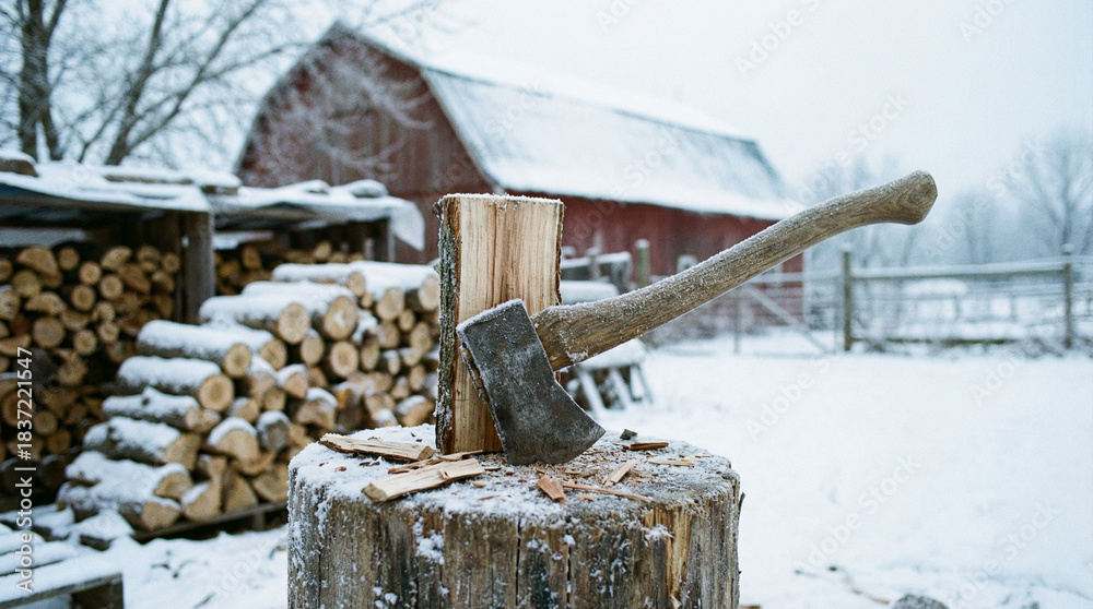 custom made wallpaper toronto digitalSnowy winter axe stump with stacked firewood behind