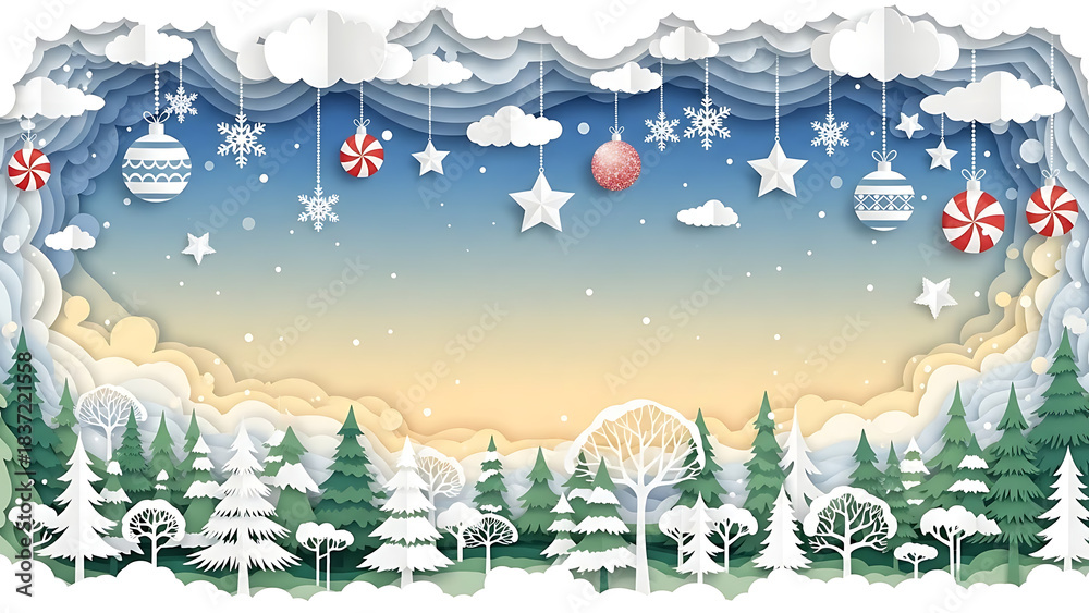 Naklejka premium Paper Cut Winter Landscape with Christmas Ornaments and Snowy Trees
