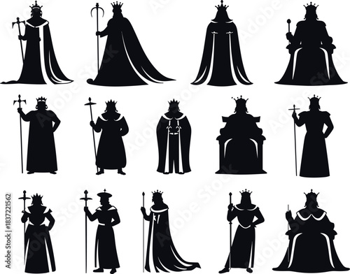 Royal silhouette icon set, king and queen figure collection, crown and throne posture graphics, cad drawing flat vector illustration