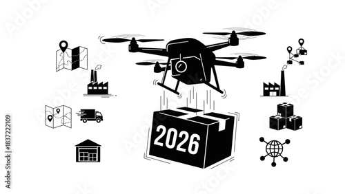 Drone delivering package with year 2026 represents future logistics, automated shipping, and modern supply chain solutions, illustrating innovative technology in transportation