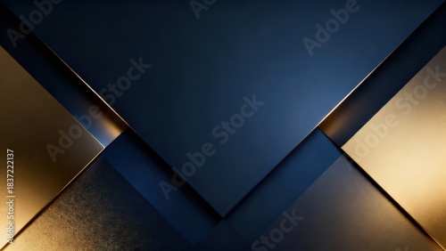 Luxury layered deep navy blue, dark slate gray, and bright metallic gold geometric panels forming a sharp V-shape design.