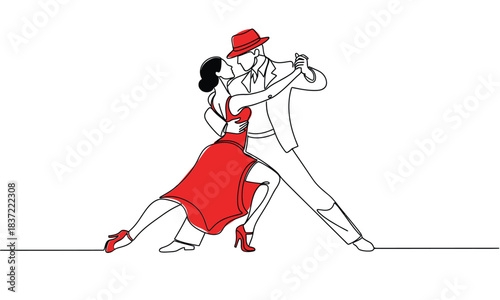 One Line Art of Romantic Tango or Ballroom Dancers. Couple in Elegant Pose with Woman's Dress and Shoes Highlighted in Red. Continuous Drawing Style
