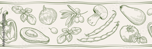 Hand-drawn vegetable border in engraving style. Detailed line art with herbs and veggies creates an elegant decorative seamless stripe.